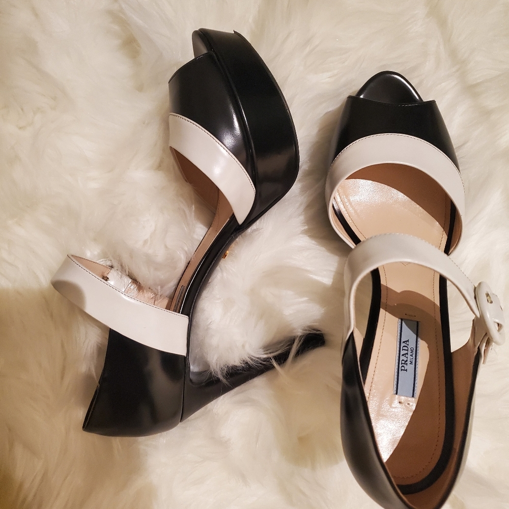 Prada Spazzolato Nero Talco Platform Heels - Picture 5 of 14